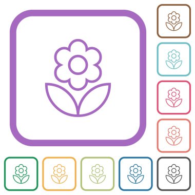 Single flower outline simple icons in color rounded square frames on white background