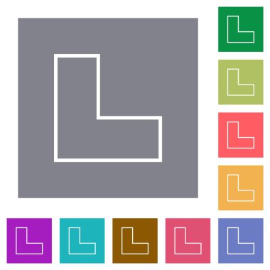 Bottom left angle arrow outline flat icons on simple color square backgrounds