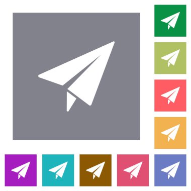 Paper plane solid flat icons on simple color square backgrounds