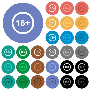 Allowed above 16 years only multi colored flat icons on round backgrounds. Included white, light and dark icon variations for hover and active status effects, and bonus shades.