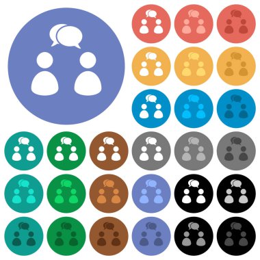 Two talking persons with oval bubbles solid multi colored flat icons on round backgrounds. Included white, light and dark icon variations for hover and active status effects, and bonus shades.
