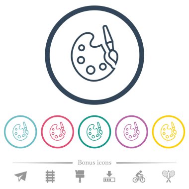 Paint kit outline flat color icons in round outlines. 6 bonus icons included.
