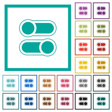 Horizontal toggle switches alternate flat color icons with quadrant frames on white background