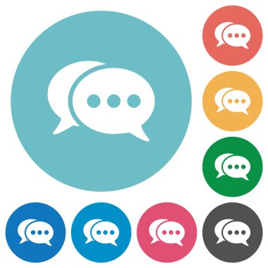 Two oval active chat bubbles solid flat white icons on round color backgrounds