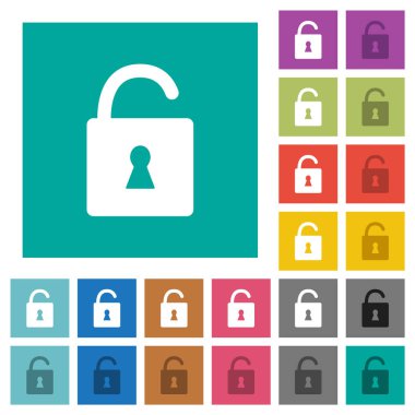 Unlocked padlock with keyhole multi colored flat icons on plain square backgrounds. Included white and darker icon variations for hover or active effects.