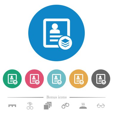 Multiple contacts flat white icons on round color backgrounds. 6 bonus icons included.