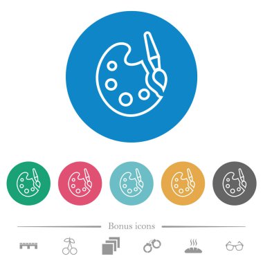 Boya seti yuvarlak renkli arka planlarda düz beyaz simgeler çizer. 6 bonus simgesi dahil.