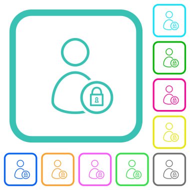 Lock user outline vivid colored flat icons in curved borders on white background