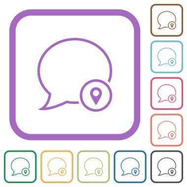 Message location outline simple icons in color rounded square frames on white background