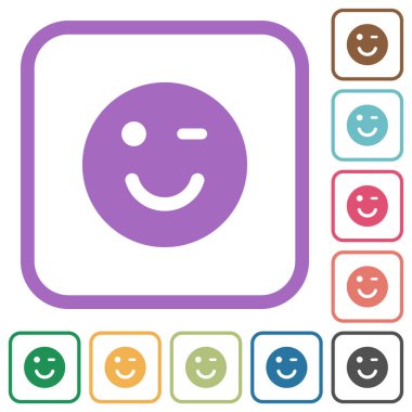 Winking emoticon solid simple icons in color rounded square frames on white background