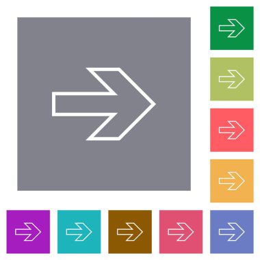 Right arrow outline flat icons on simple color square backgrounds