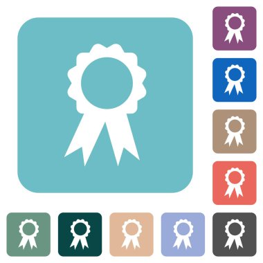 Badge with ribbons white flat icons on color rounded square backgrounds