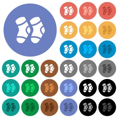 A pair of socks multi colored flat icons on round backgrounds. Included white, light and dark icon variations for hover and active status effects, and bonus shades.
