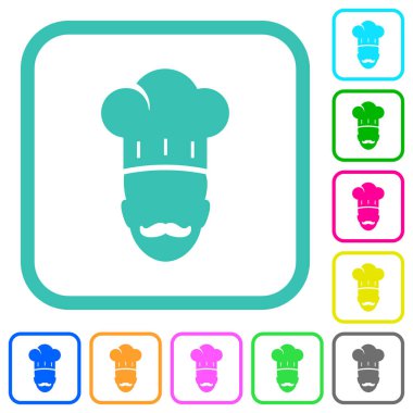 Master chef with mustache vivid colored flat icons in curved borders on white background