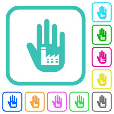 Hand shaped power plant sanction sign solid vivid colored flat icons in curved borders on white background