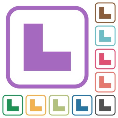 Bottom left angle arrow solid simple icons in color rounded square frames on white background