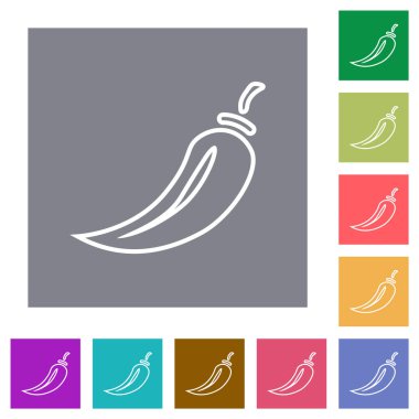 Chili pepper outline flat icons on simple color square backgrounds