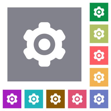 Settings solid flat icons on simple color square backgrounds