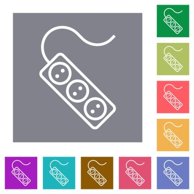Portable electrical outlet with three sockets and cord outline flat icons on simple color square backgrounds