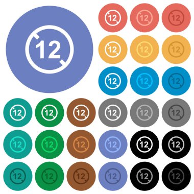 Not allowed under 12 multi colored flat icons on round backgrounds. Included white, light and dark icon variations for hover and active status effects, and bonus shades.