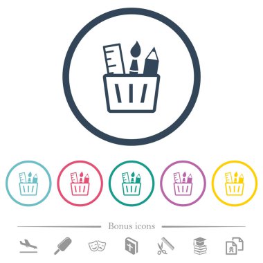 Drawing tools outline flat color icons in round outlines. 6 bonus icons included.