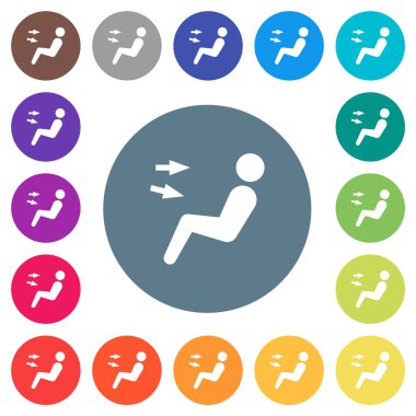 Car air flow direction head chest flat white icons on round color backgrounds. 17 background color variations are included.