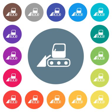 Snow shovel tractor flat white icons on round color backgrounds. 17 background color variations are included.