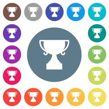 Trophy cup solid flat white icons on round color backgrounds. 17 background color variations are included.