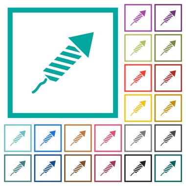 Firework rocket flat color icons with quadrant frames on white background