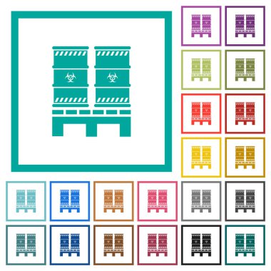 Pallet with biohazard waste flat color icons with quadrant frames on white background