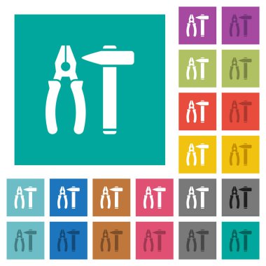 Hammer and combined pliers multi colored flat icons on plain square backgrounds. Included white and darker icon variations for hover or active effects.