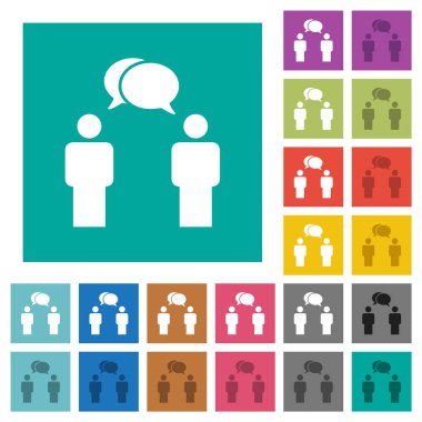 Oval baloncuklu konuşan iki kişi düz arkaplanda çok renkli düz simgeler oluşturuyorlar. Uçan veya etkin efektler için beyaz ve koyu simge varyasyonları.