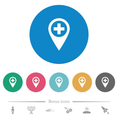 Add new GPS map location flat white icons on round color backgrounds. 6 bonus icons included.