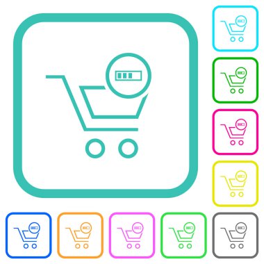 Cart processing outline vivid colored flat icons in curved borders on white background