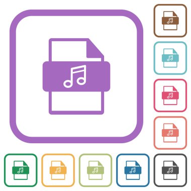 Music file type simple icons in color rounded square frames on white background