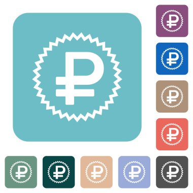 Rus Ruble çıkartması, renkli yuvarlak kare arkaplan üzerine alternatif beyaz düz simgeler
