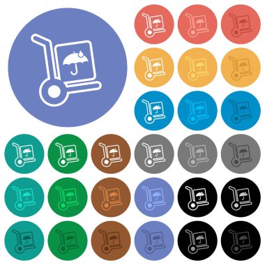 Su geçirmez paket teslimatı değil. Yuvarlak arka planda çok renkli düz simgeler. Uçma ve aktif durum efektleri için beyaz, açık ve koyu simge varyasyonları ve bonus gölgeler.