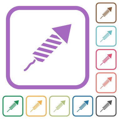 Havai fişek roketi simgeleri beyaz arkaplanda renkli yuvarlak kare çerçeveler halinde