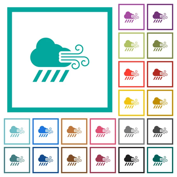 Windy Downpour Weather Flat Color Icons Quadrant Frames White Background — Stock Vector