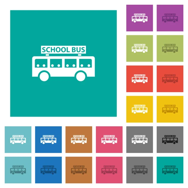 乗客側のスクールバスは平面の正方形の背景に複数の色のフラットアイコンを表示します ホバーまたはアクティブエフェクト用の白と暗いアイコンバリエーションが含まれています — ストックベクタ