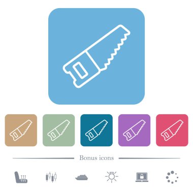 Renkli yuvarlak kare arka planlarda beyaz düz simgelerin ana hatlarını gördüm. 6 bonus simgesi dahil