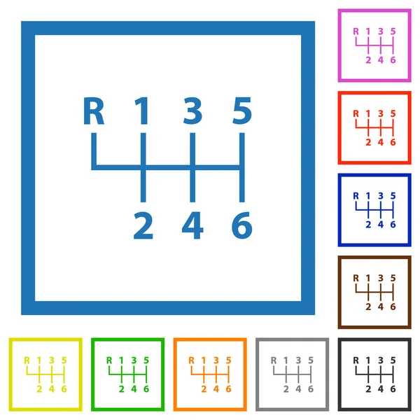Sechs Gang Schaltgetriebe Flache Farbsymbole Quadratischen Rahmen Auf Weißem Hintergrund — Stockvektor