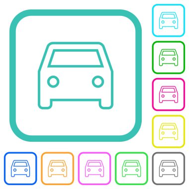 Tek eski araba ön görünümü beyaz arkaplan üzerinde eğimli sınırlarda canlı renkli düz simgeler