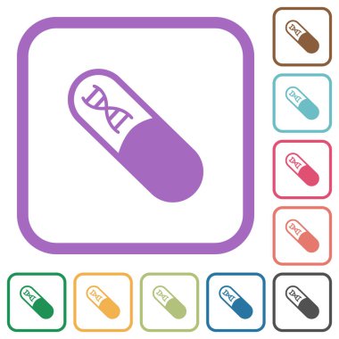 DNA moleküllü tıp, beyaz arkaplanda renkli yuvarlak kare çerçeveli basit simgeler