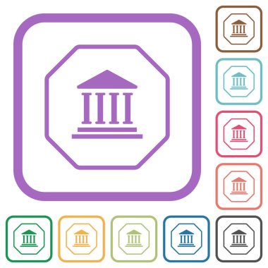 Sekizgen şekilli bankacılık yaptırım işareti beyaz arkaplanda renkli yuvarlak kare çerçeveler halinde basit simgeleri ana hatlarıyla çizer