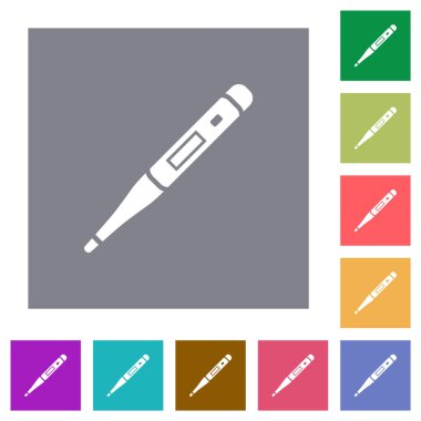 Digital thermometer flat icons on simple color square backgrounds