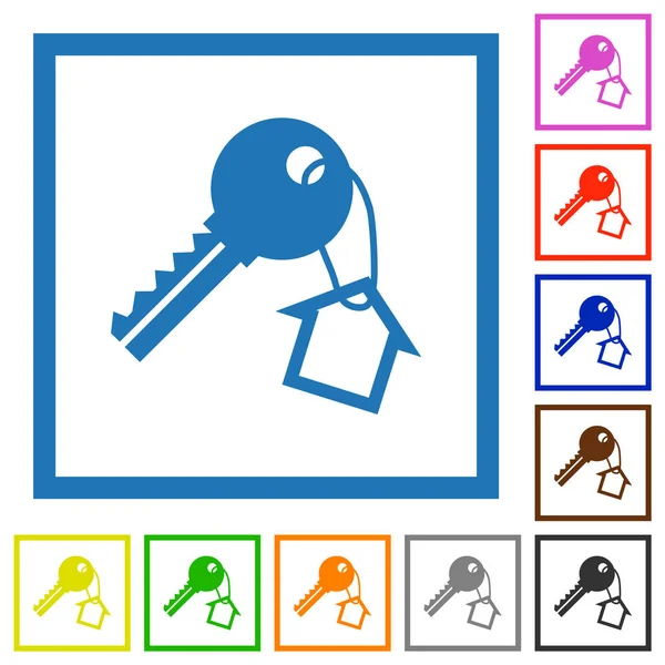 Schlüssel Und Kleines Haus Auf Dem Schlüsselanhänger Flache Farbsymbole Quadratischen — Stockvektor