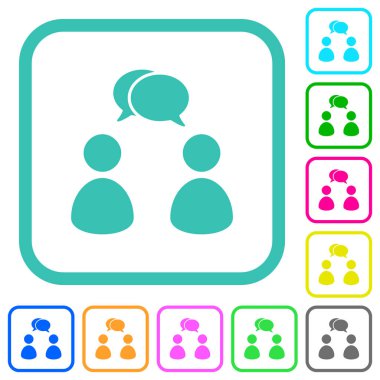 Two talking persons with oval bubbles solid vivid colored flat icons in curved borders on white background