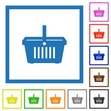 Beyaz arkaplanda kare çerçeveli alışveriş arabası düz renk simgeleri