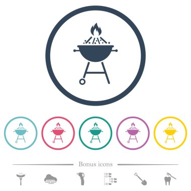 Barbekü mangalının düz renkli simgelerini yuvarlak hatlarla yakmak. 6 bonus simgesi dahil.